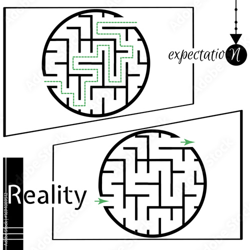 Illustration with labyrinth, maze conundrum for kids. Baby puzzle with entry and exit. Children puzzle game. Expectation and reality for labyrinth.