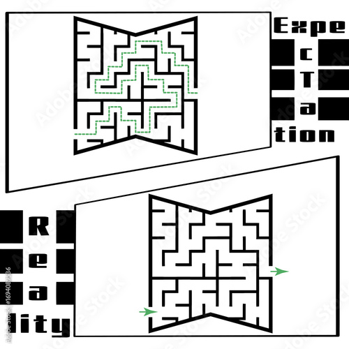 Illustration with labyrinth, maze conundrum for kids. Baby puzzle with entry and exit. Children puzzle game. Expectation and reality for labyrinth.