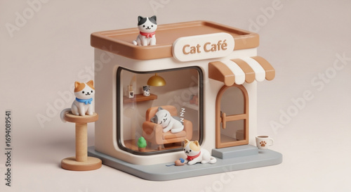 Cute cat cafe illustration with sleeping cats and playful kittens for animal lovers