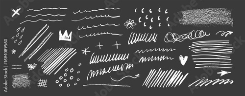 Chalk brush line sketch. Grunge punk doodles. White crayon texture hand-drawn scribbles arrow, stars, heart, crown and squiggles. Kids school vector graffiti icons, rough line sketchy marker stroke bg