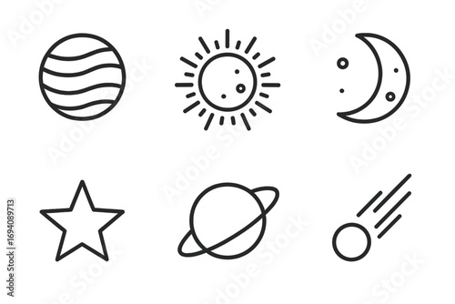 Cosmos line icon set. Planet, sun, moon, star, saturn, and comet outline symbols. Space objects vector collection for graphic design, web, apps, and UI. Astronomy pictograms.