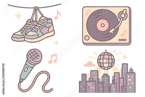 Music and nightlife icon set. Vector cartoon illustration of sneakers, DJ turntable, microphone, and disco ball over a city. Retro party, hip hop, and karaoke design elements.
