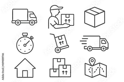 Delivery & shipping thin line icon set. Logistics, transport, courier, fast service vector outline symbols. Package, truck, box, tracking map for web, app & graphic design.