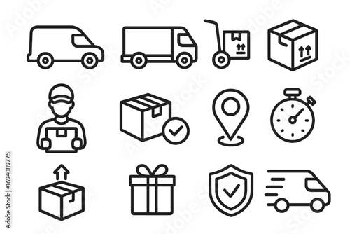 Delivery and logistics thin line icon set. Shipping service, transport, and cargo signs. Courier, package tracking, express delivery van, and secure parcel vector symbols.
