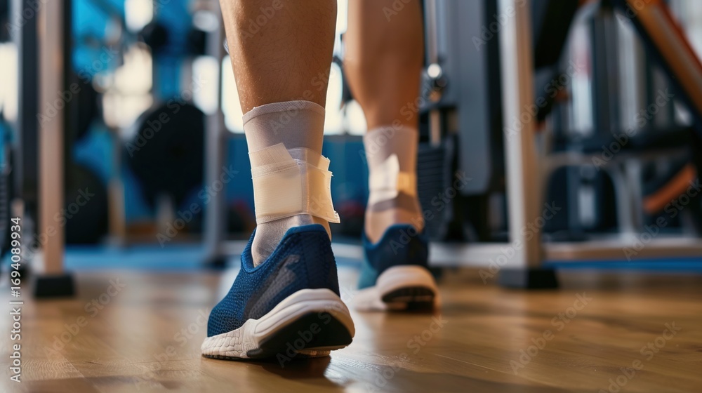 Fototapeta premium Athlete with injured ankle wrapped in medical tape during workout, sports injury treatment and recovery concept, fitness and healthcare theme. 