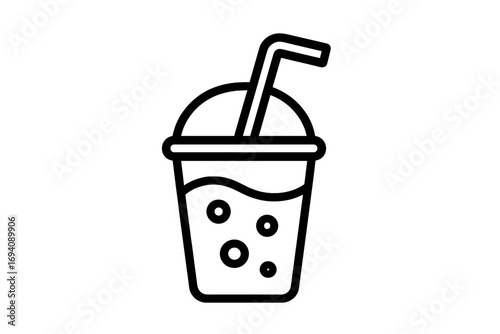 Cold drink in plastic cup with straw, linear icon. Soda, juice, or smoothie to go. Minimalist vector pictogram for web design, apps, and cafe menus. Takeaway beverage symbol.