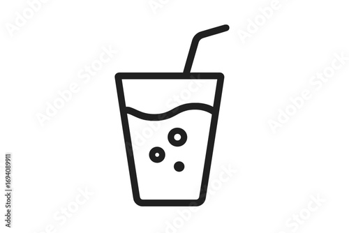 Minimalist drink icon with straw and bubbles. Fresh cold soda, juice, or water in a glass. Vector beverage symbol for web, apps, and graphic design. Refreshing drink illustration.
