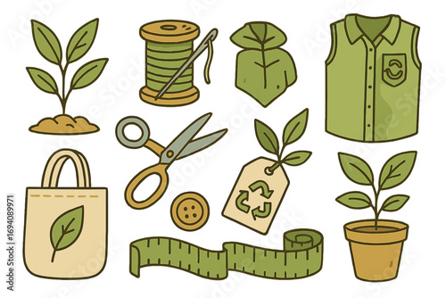 Sustainable fashion icon set. Eco-friendly clothing & textile concept. Slow fashion, recycling, and sewing tools. Green garment production. Vector cartoon illustration elements.
