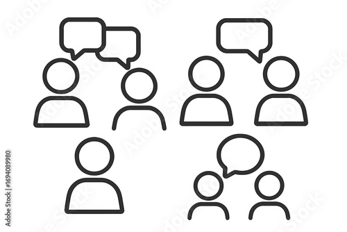 Communication icon set. People talking, having a dialogue, chat, and discussion. Vector outline avatars with speech bubbles for web design. User profile, social interaction symbols.