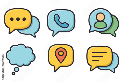 Set of colorful chat bubble icons for digital communication themes. Vector cartoon illustration for messaging apps, social media, websites. Includes talk, call, location, and user icons.