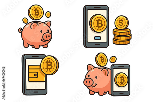Bitcoin crypto savings concept with piggy bank and mobile phone. Digital finance investment, cryptocurrency payment and e-wallet cartoon vector illustration icon set.