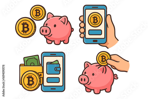 Cryptocurrency investment and savings concept. Bitcoin digital money. Piggy bank for crypto coin saving. Mobile payment app, online banking and digital wallet technology.
