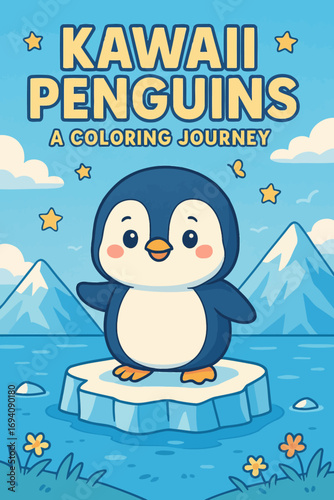 Cute kawaii penguin standing on iceberg in arctic landscape illustration
