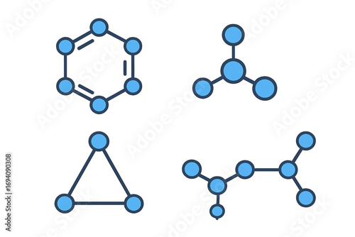 Molecule structure icon set. Chemical compound, atom, and connection symbols. Vector illustrations for science, chemistry, biology, and education. Benzene ring graphic element.