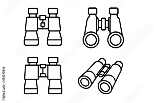 Binocular line icon pack. Outline vector signs for web design, apps. Symbols for discovery, vision, observation, and search. Simple equipment for exploration, travel, hunting.