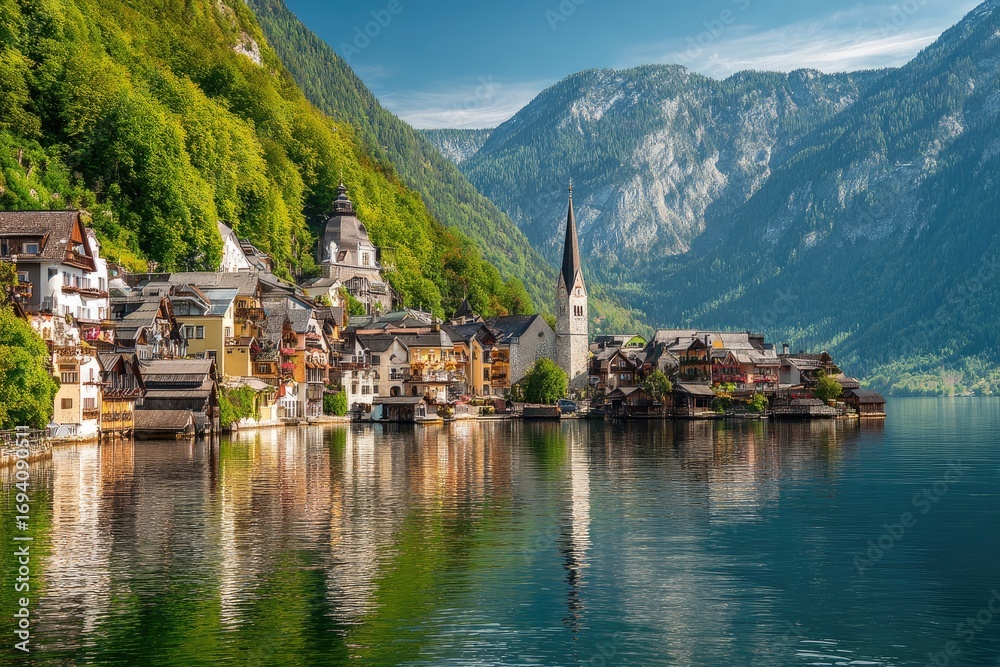 Fototapeta premium Picturesque alpine village reflecting on a lake