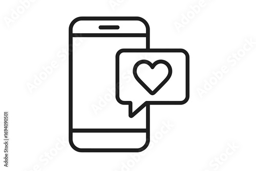 Smartphone with love message notification. Heart icon in a speech bubble. Mobile phone chat, online dating app symbol. Social media like and feedback. Vector linear sign illustration.