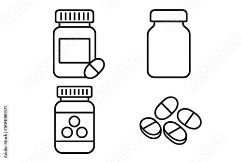 Medicine bottle and pills thin line icon collection. Health care, pharmacy, and prescription drug concepts. Simple vector illustration of tablets, vitamins, and supplements.
