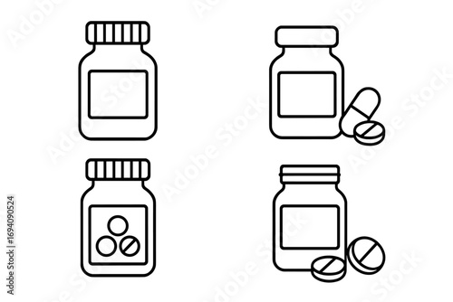 Pill bottle and medicine container thin line icon set. Vector symbols for pharmacy, healthcare, prescription drugs, vitamins, and supplements. Includes tablets and capsules.