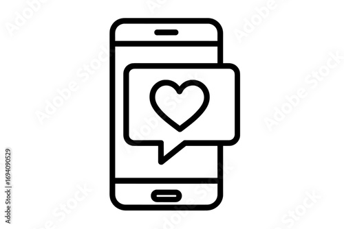Smartphone with heart in speech bubble. Love message, online dating app notification. Social media like symbol. Linear icon for communication, romance, feedback vector illustration.