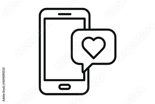 Love message on smartphone screen concept. Heart in speech bubble for online dating app or social media like. Linear vector icon for communication, romance, and feedback.