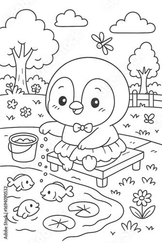Cute penguin feeding fish in a pond illustration for kids coloring book