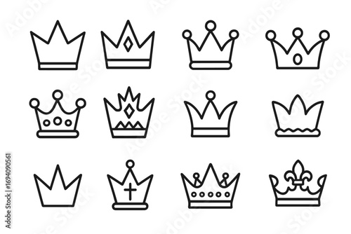 Crown line icon set collection. Royal symbol for king, queen, princess. Luxury, power, monarchy concept. Vector outline signs for logo, graphic design, web, app.