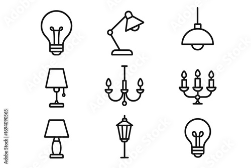 Illumination line icon set. Light bulb, lamp, luster, chandelier outline signs. Lighting fixtures for interior design. Idea, electricity concept. Simple vector pictogram for web.