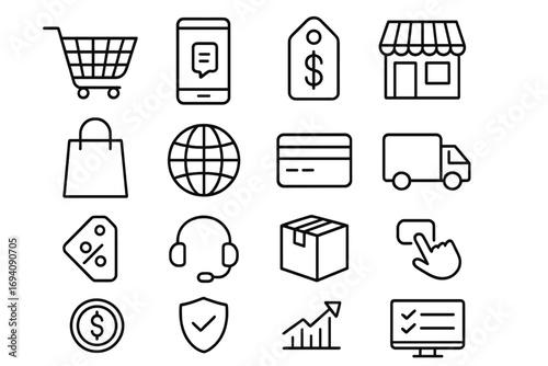 E-commerce line icon set for online shopping. Business, finance, delivery, and marketing thin icons. For web and mobile. Includes cart, store, payment, and support symbols. Editable stroke.