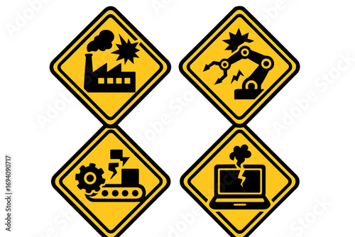 Set of industrial warning signs. Factory explosion, robotic arm malfunction, conveyor belt breakdown, broken computer. Hazard and safety symbols for manufacturing and technology.