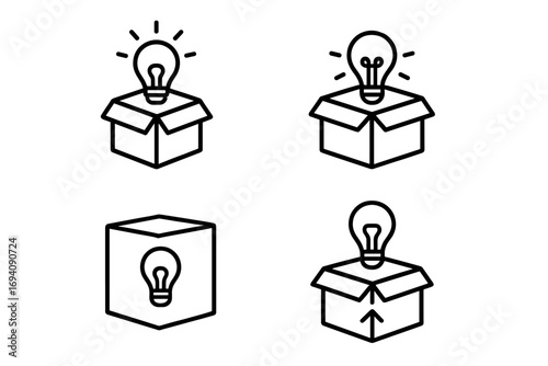 Thinking outside the box concept. Creative idea line icons. Light bulb in and out of a box. Innovation, solution, think different metaphor. Uniqueness, brainstorming, creativity.