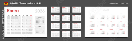 2026 Spanish language Calendar Planner Set of Template Monthly Page, Annual. Vector layout of a wall or desk simple calendar with week start Monday for print. Pages size A4 21x29.7cm