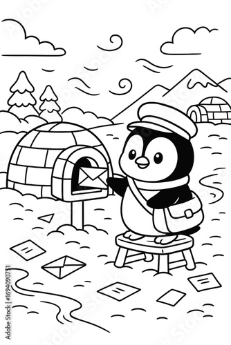 Cute penguin mailman delivers letters in snowy arctic landscape illustration
