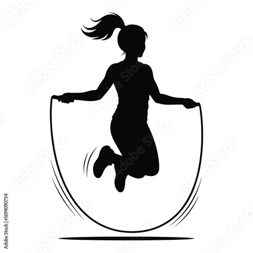 Active silhouette of a young girl jumping rope energetically outdoors fitness concept