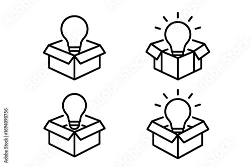 Think outside the box icon set. Light bulb in box as metaphor for creativity, innovation, and new ideas. Solution and inspiration concept. Outline vector illustration.