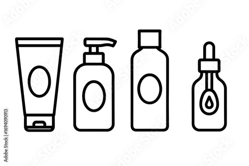 Cosmetic bottle line icon set. Skincare product packaging outline symbols. Lotion tube, soap pump dispenser, shampoo bottle, and serum dropper vector illustration. Editable stroke.