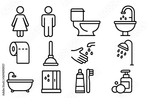 Bathroom line icon set. Toilet and hygiene symbols. Restroom, WC, shower, sink, bath, soap, toothbrush. Outline pictogram collection for web design, apps, infographics.
