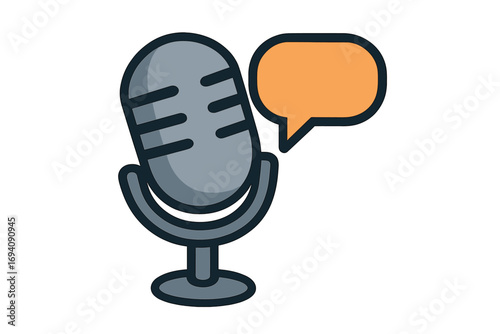 Microphone and speech bubble icon for podcasting, voice recording, or broadcasting. Vector illustration for web, apps. Communication, interview, and talk show concept.