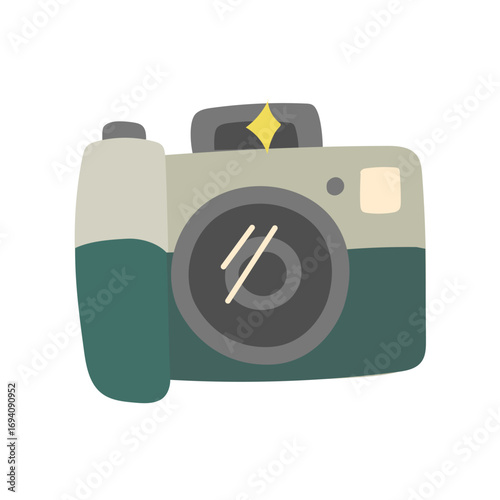 Camera with flash. Flat color isolated illustration. Necessary items for hike. Rectangular item for capturing moments in nature. People, nature, good mood Design for postcards. Picnics, hikes, camping