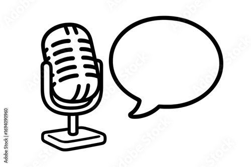 Microphone with speech bubble vector icon. Podcast, broadcast, interview, communication concept. Voice recording, public speaking, announcement. Dialogue, discussion, opinion. Media.