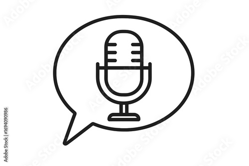 Podcast microphone icon in a speech bubble. Voice recording, interview, and broadcast concept. Public speaking, journalism, and audio symbol. Vector line art for web and apps.