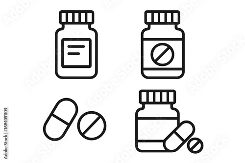 Pill bottle line icon set. Medicine capsule, tablet, drug container symbol. Medical, pharmacy, healthcare concept. Vitamin, supplement, prescription medication vector icon.