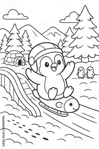 Cute penguin wearing a hat sliding down a snowy hill illustration