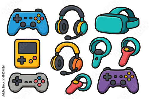Gaming icon set. Video game equipment with joypad, controller, headset, VR glasses, virtual reality gear, portable console. Vector cartoon elements for esports. Flat design.
