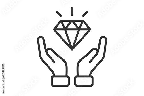 Value proposition icon with hands and diamond. Premium quality, exclusive offer symbol. Metaphor for wealth, luxury, and core values. Business ethics and integrity concept.