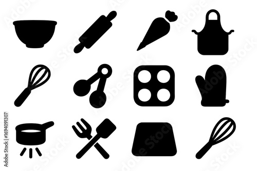 Baking tools and kitchen utensils silhouette icon set. Vector illustration of cooking equipment for pastry, cake, and dessert preparation. Includes whisk, rolling pin, and apron.