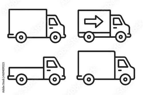 Delivery truck thin line icons collection. Logistics and shipping symbol set. Cargo van, freight transport, and pickup pictograms. Editable stroke vector for web and app design.