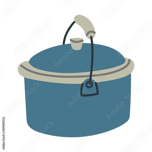 pot for cooking over fire. flat, colored, isolated illustration. Camping utensils. Metal utensils with lid and handle for hanging over fire and cooking. Design for postcards. Picnics, hikes, camping