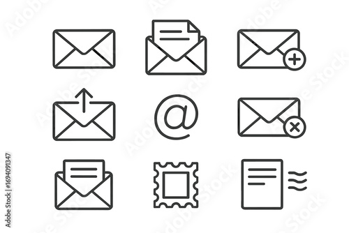 Mail line icon set. E-mail, envelope, post outline vector signs. Communication symbols collection for web, graphic design, apps. Pictograms for send, new, open, delete, spam message.