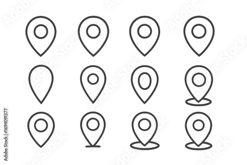 Set of map pin line icons. Location marker and pointer symbol collection. Geotag and navigation sign for GPS. Minimal vector pictogram for web, app, UI, UX design.